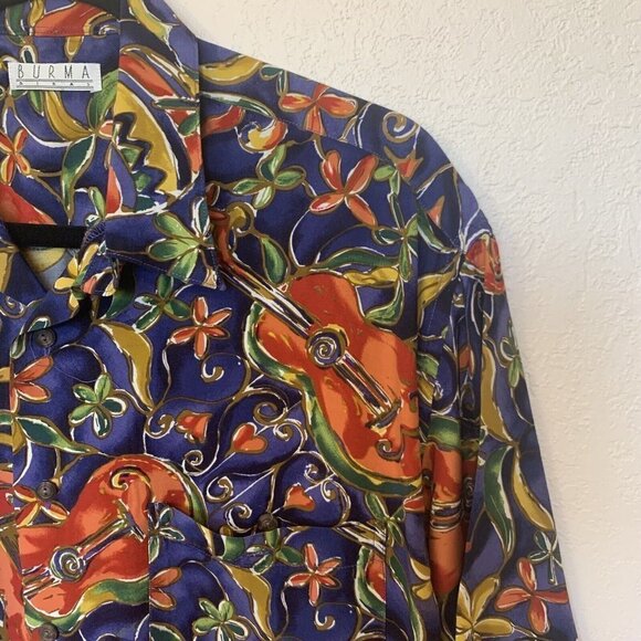 BURMA Bibas Hawaiian shirt Mens M Rayon Floral Guitars - Picture 2 of 5